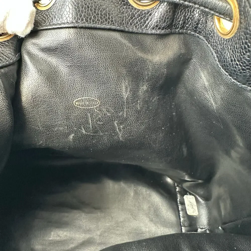 Chanel Vintage Caviar Drawstring Bucket Bag Black Leather Gold Hardware